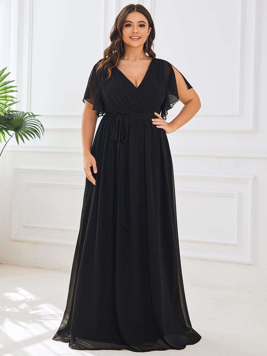 Custom Size V-Neck Flutter Sleeve Floor-Length A-Line Chiffon Evening Dress