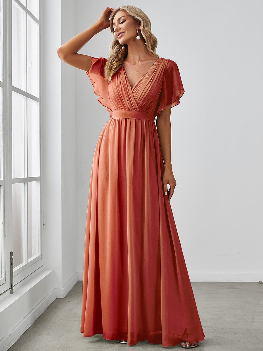 V-Neck Flutter Sleeve Floor-Length A-Line Chiffon Bridesmaid Dress