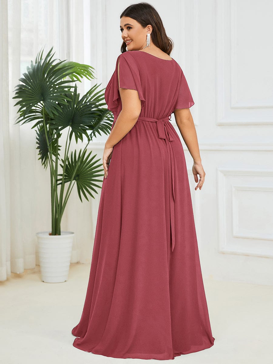 Custom Size V-Neck Flutter Sleeve Floor-Length A-Line Chiffon Evening Dress