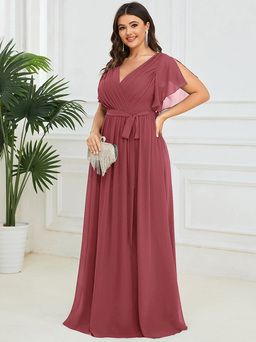 Custom Size V-Neck Flutter Sleeve Floor-Length A-Line Chiffon Evening Dress