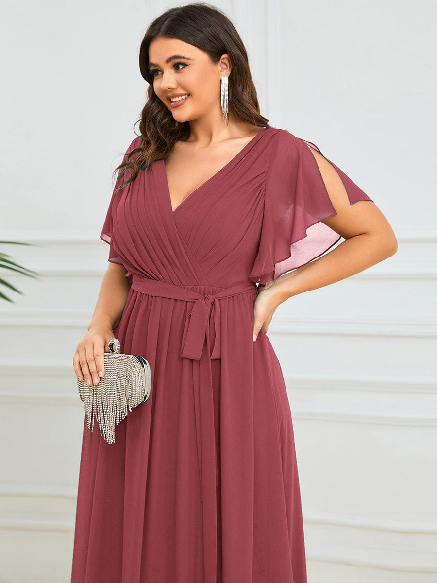 Custom Size V-Neck Flutter Sleeve Floor-Length A-Line Chiffon Evening Dress