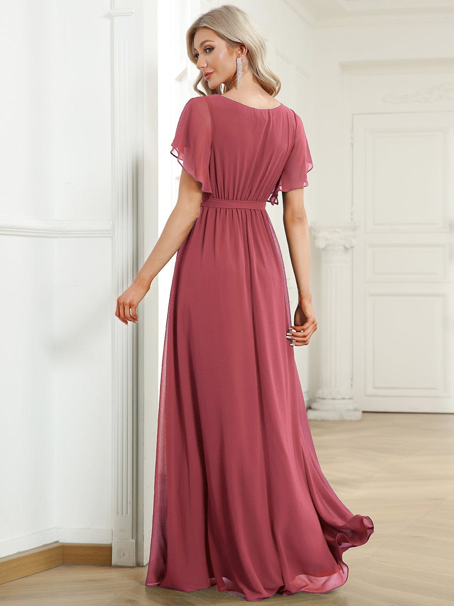 Custom Size V-Neck Flutter Sleeve Floor-Length A-Line Chiffon Evening Dress