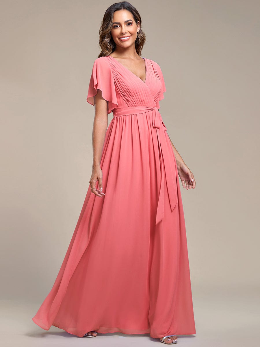 Custom Size V-Neck Flutter Sleeve Floor-Length A-Line Chiffon Evening Dress