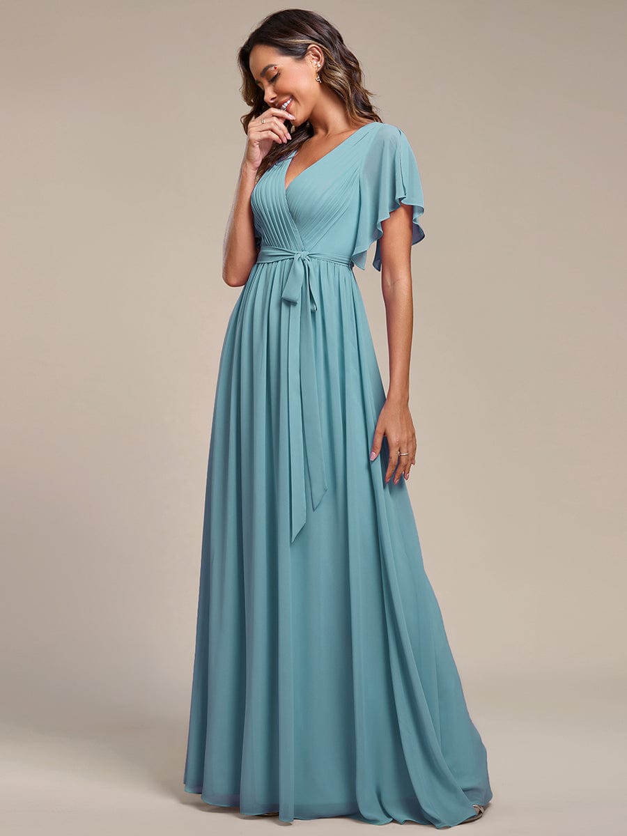 Custom Size V-Neck Flutter Sleeve Floor-Length A-Line Chiffon Evening Dress