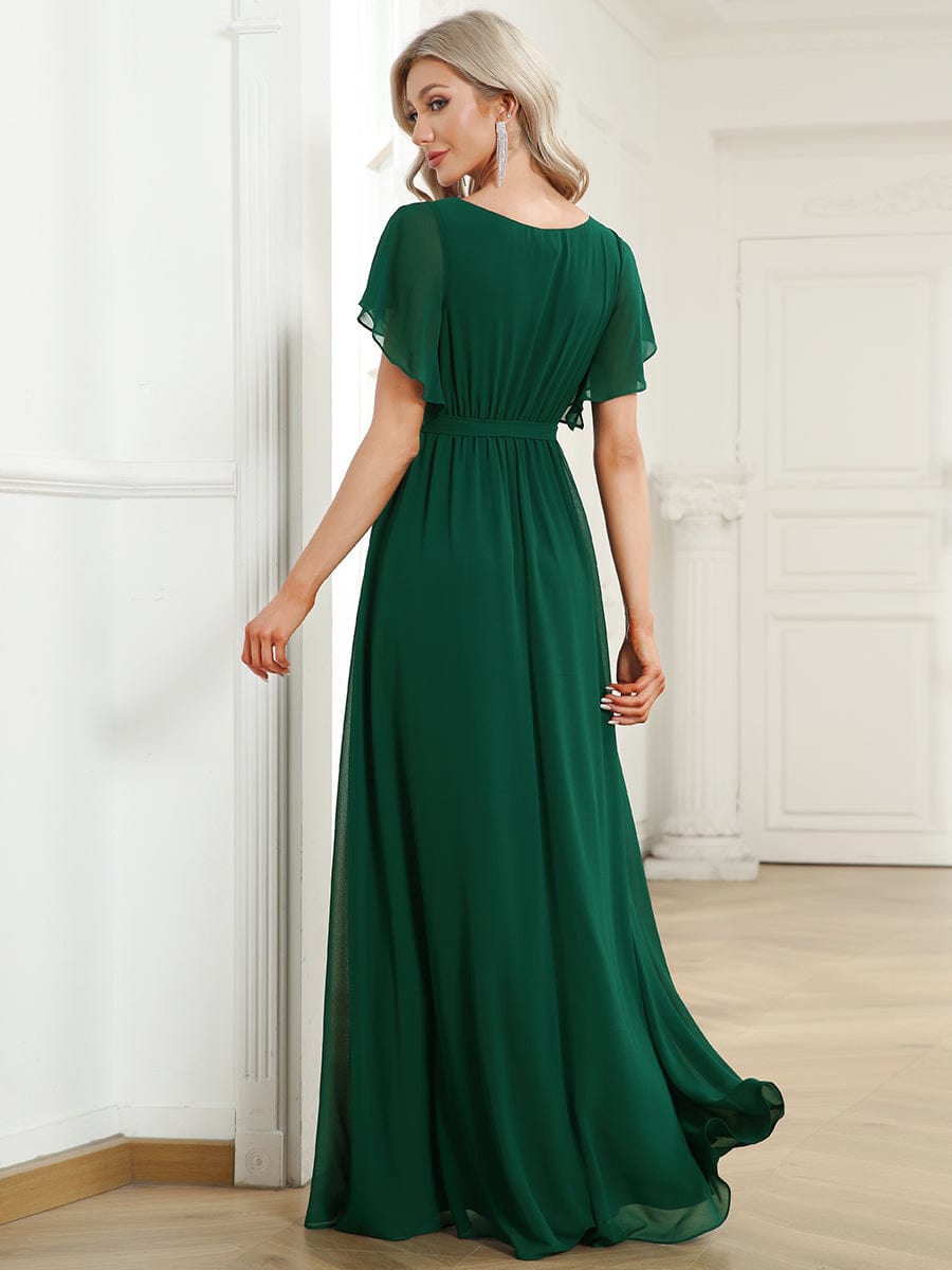 Custom Size V-Neck Flutter Sleeve Floor-Length A-Line Chiffon Evening Dress