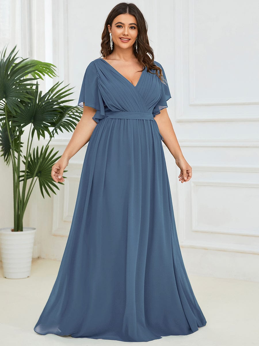 Custom Size V-Neck Flutter Sleeve Floor-Length A-Line Chiffon Evening Dress