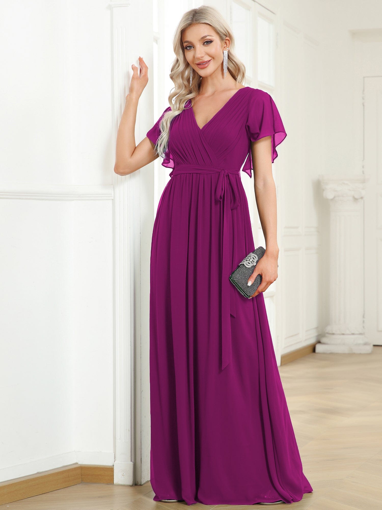 Custom Size V-Neck Flutter Sleeve Floor-Length A-Line Chiffon Evening Dress