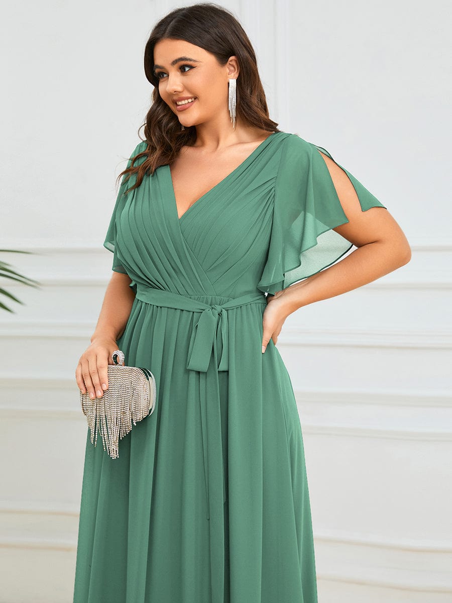 Custom Size V-Neck Flutter Sleeve Floor-Length A-Line Chiffon Evening Dress