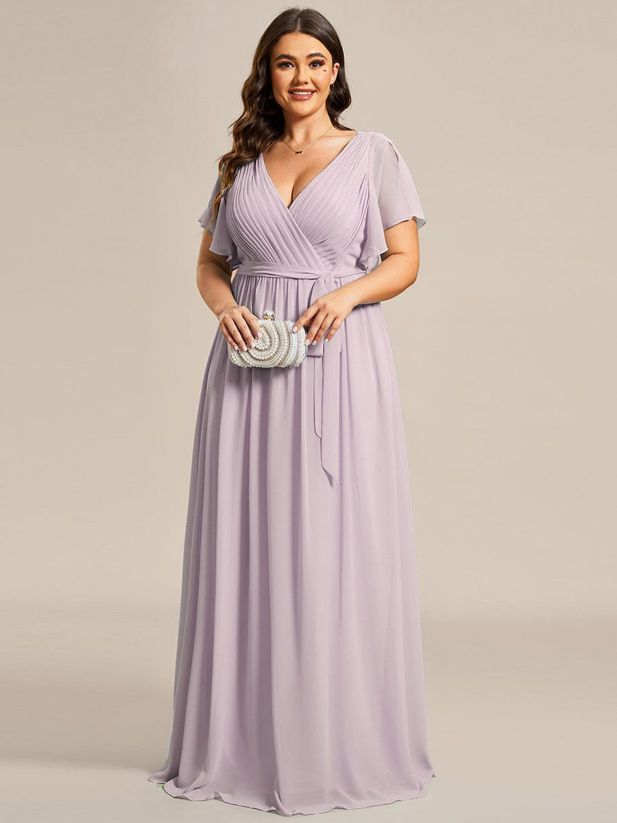 Custom Size V-Neck Flutter Sleeve Floor-Length A-Line Chiffon Evening Dress