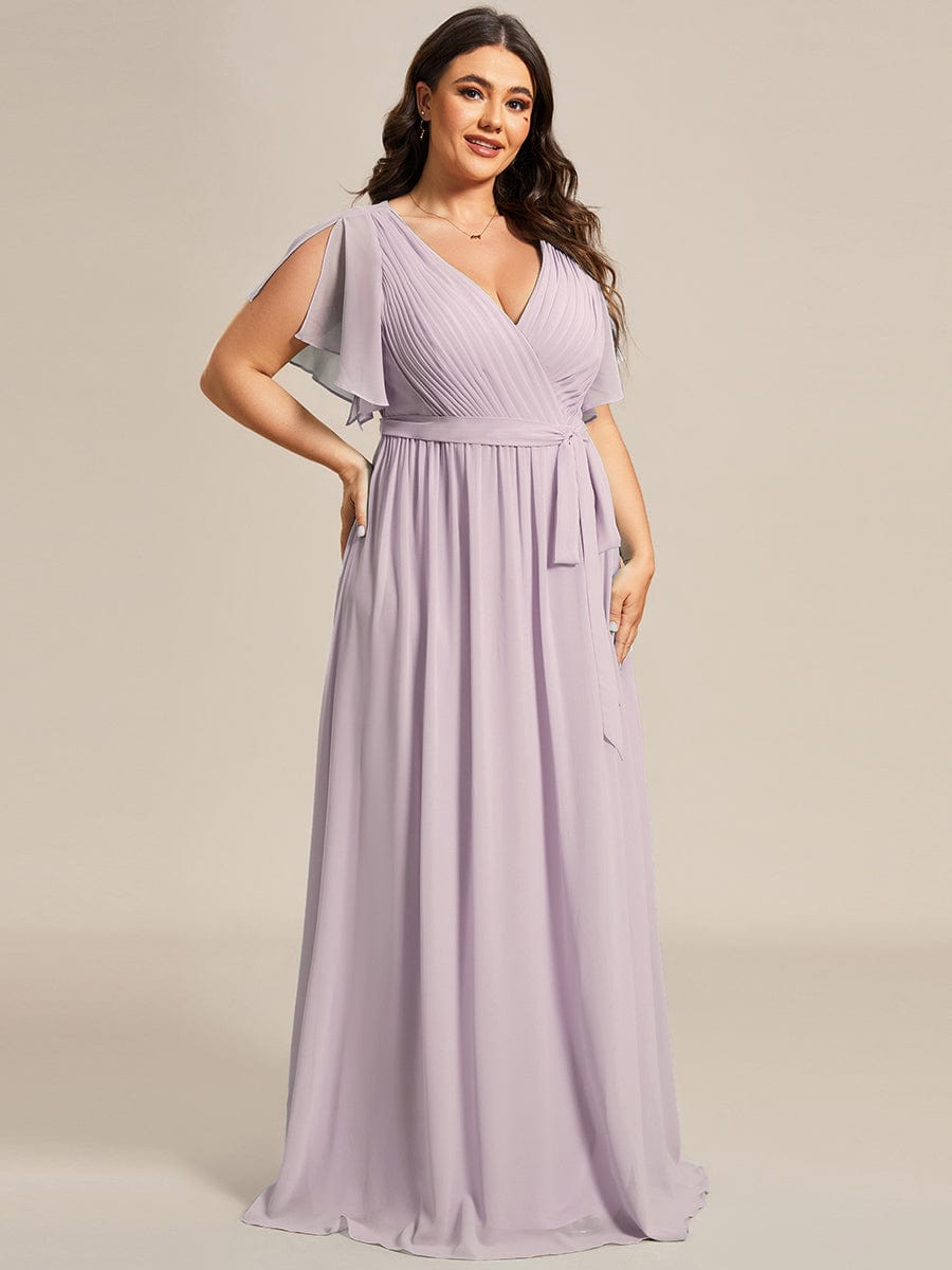 Custom Size V-Neck Flutter Sleeve Floor-Length A-Line Chiffon Evening Dress