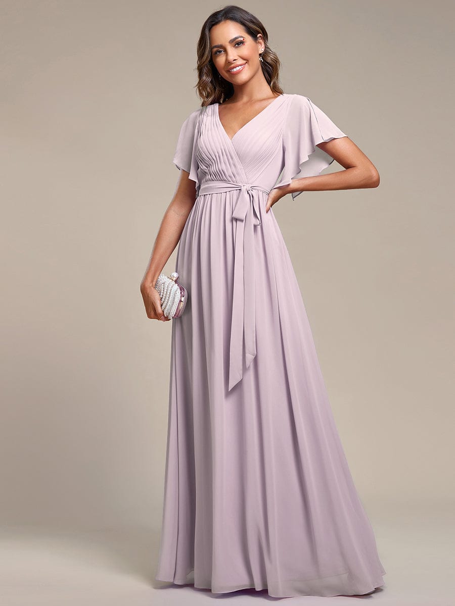 Custom Size V-Neck Flutter Sleeve Floor-Length A-Line Chiffon Evening Dress