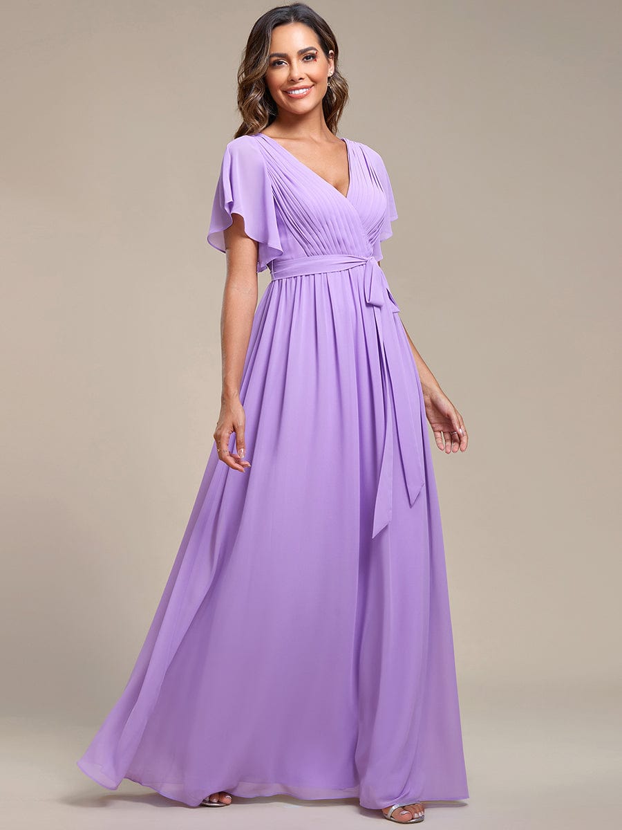 Custom Size V-Neck Flutter Sleeve Floor-Length A-Line Chiffon Evening Dress