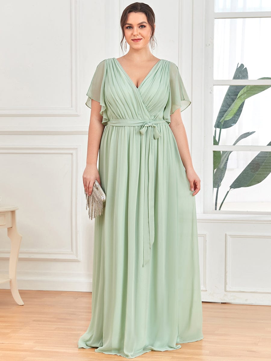 Custom Size V-Neck Flutter Sleeve Floor-Length A-Line Chiffon Evening Dress