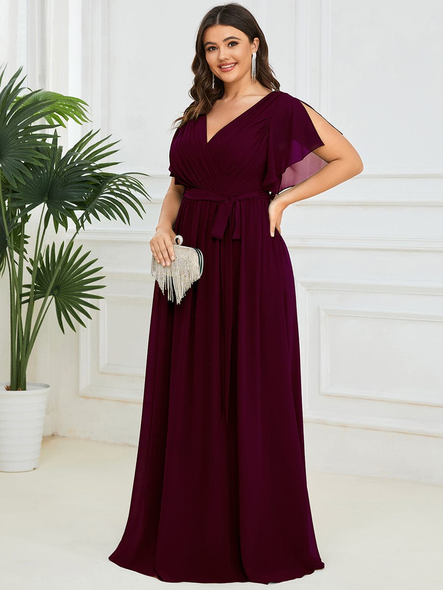 Custom Size V-Neck Flutter Sleeve Floor-Length A-Line Chiffon Evening Dress