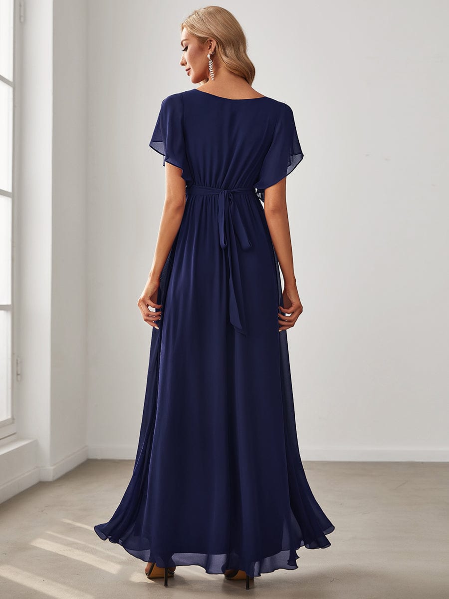 Custom Size V-Neck Flutter Sleeve Floor-Length A-Line Chiffon Evening Dress