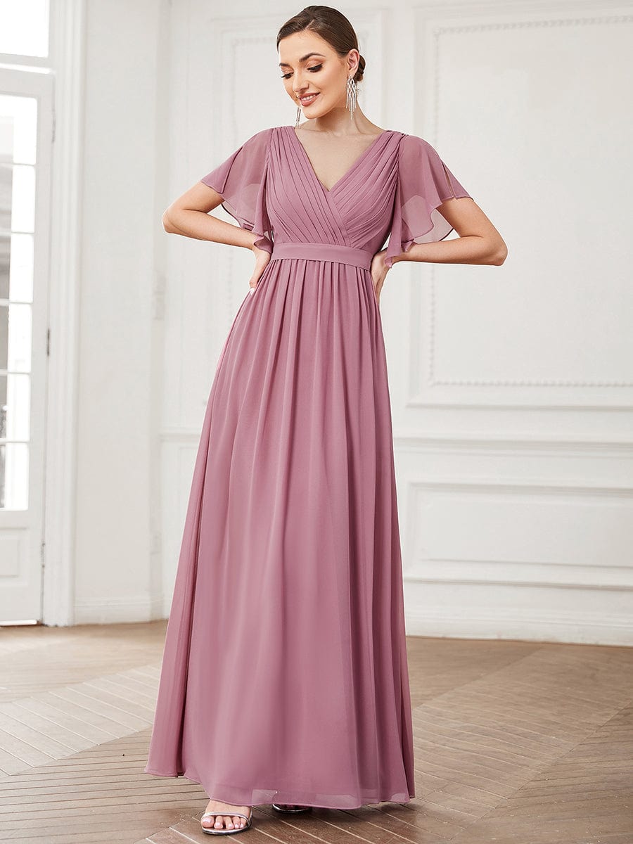 Custom Size V-Neck Flutter Sleeve Floor-Length A-Line Chiffon Evening Dress