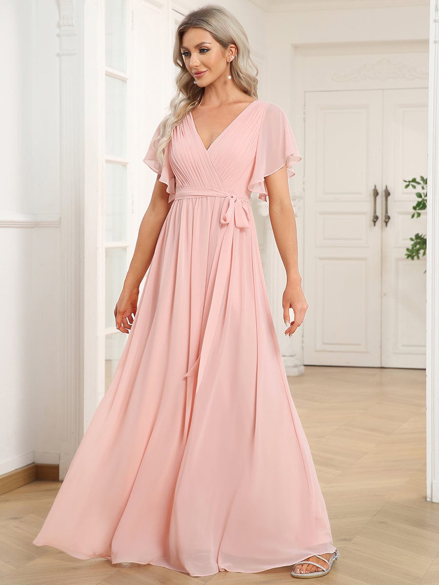 Custom Size V-Neck Flutter Sleeve Floor-Length A-Line Chiffon Evening Dress