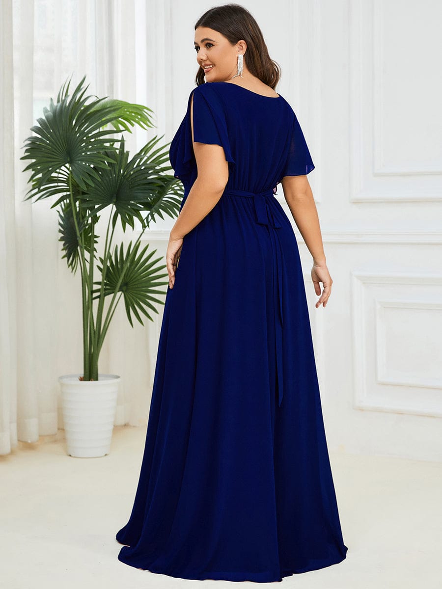 Custom Size V-Neck Flutter Sleeve Floor-Length A-Line Chiffon Evening Dress