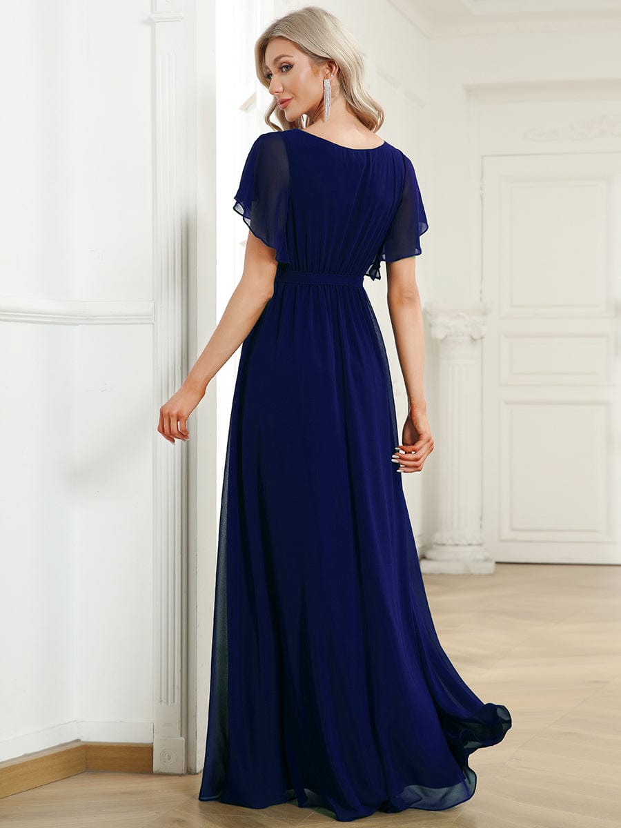 Custom Size V-Neck Flutter Sleeve Floor-Length A-Line Chiffon Evening Dress