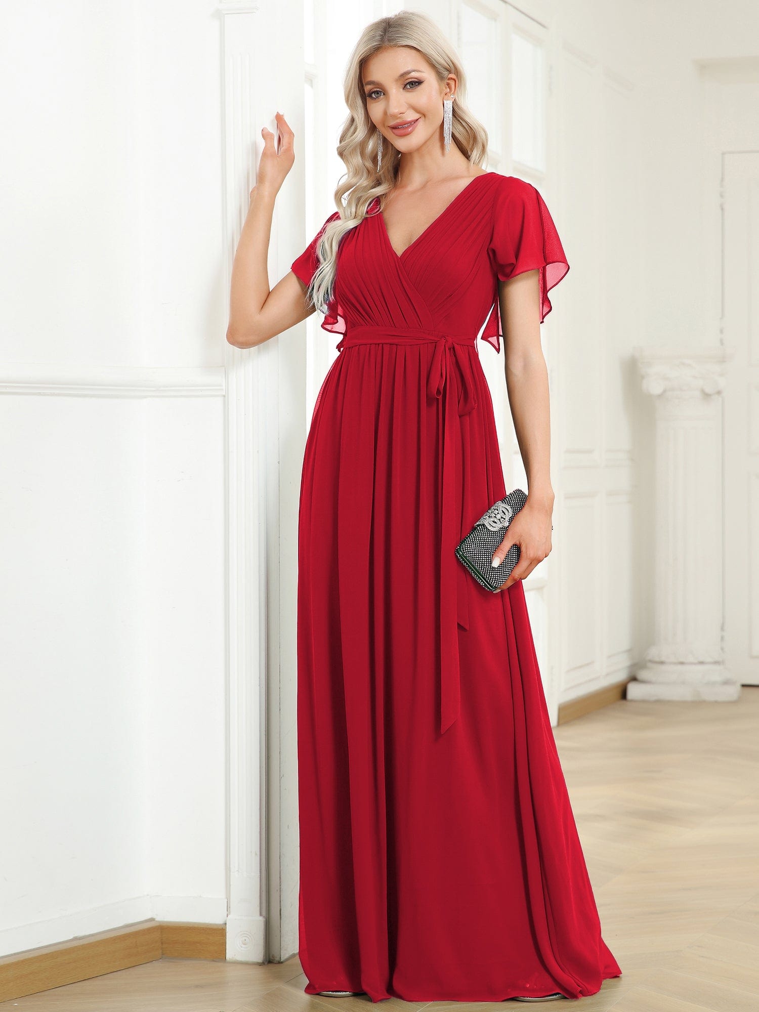 Custom Size V-Neck Flutter Sleeve Floor-Length A-Line Chiffon Evening Dress