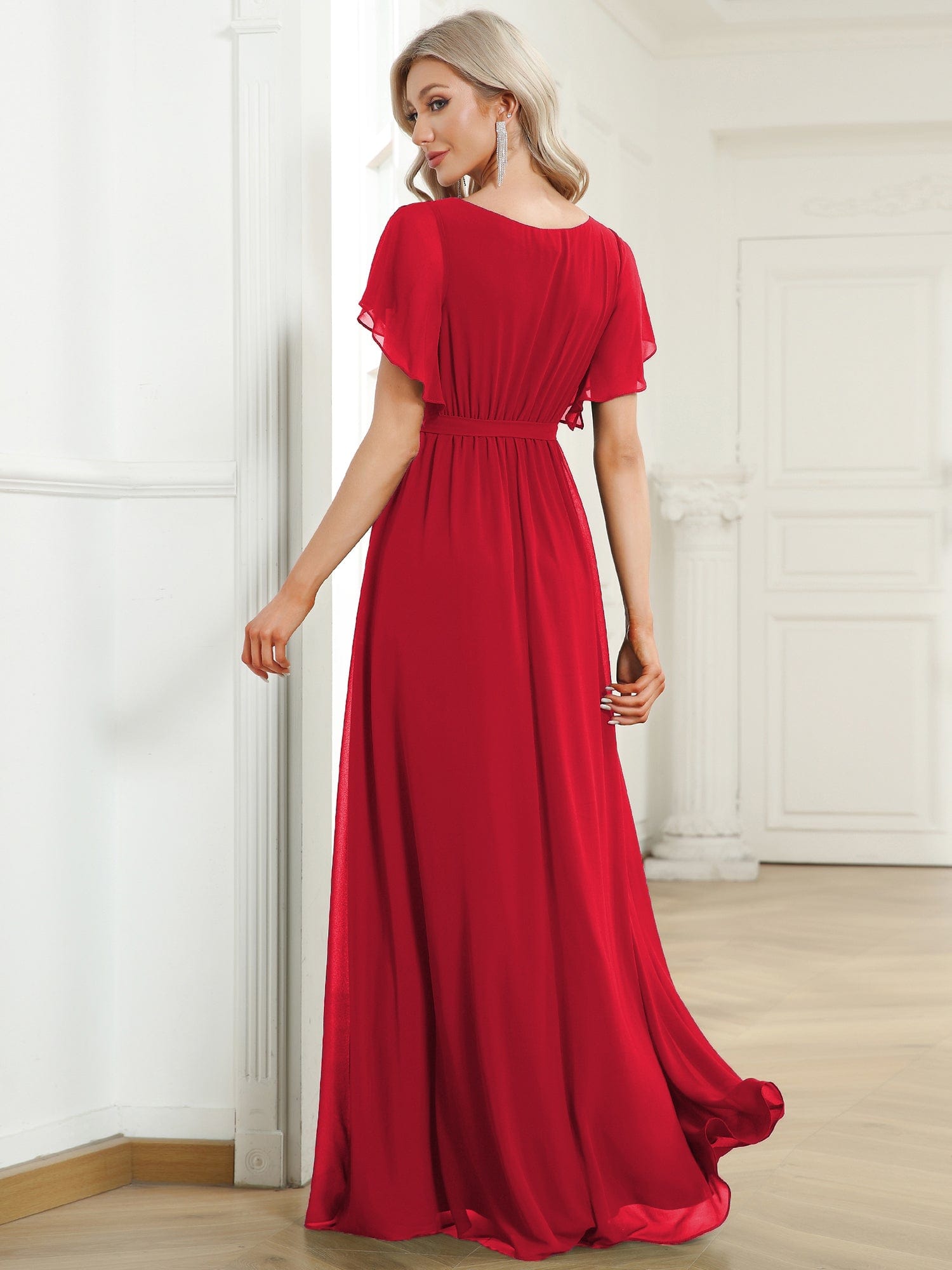 Custom Size V-Neck Flutter Sleeve Floor-Length A-Line Chiffon Evening Dress