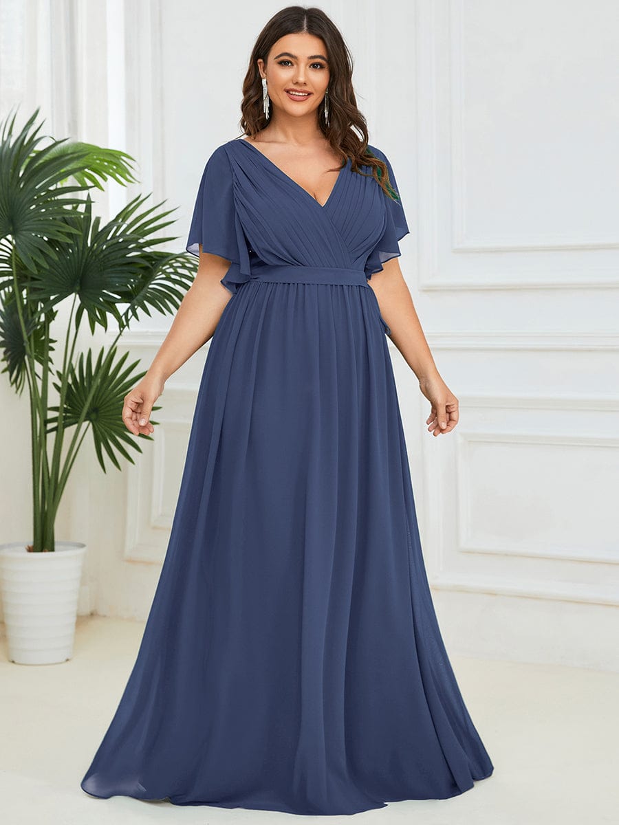 Custom Size V-Neck Flutter Sleeve Floor-Length A-Line Chiffon Evening Dress