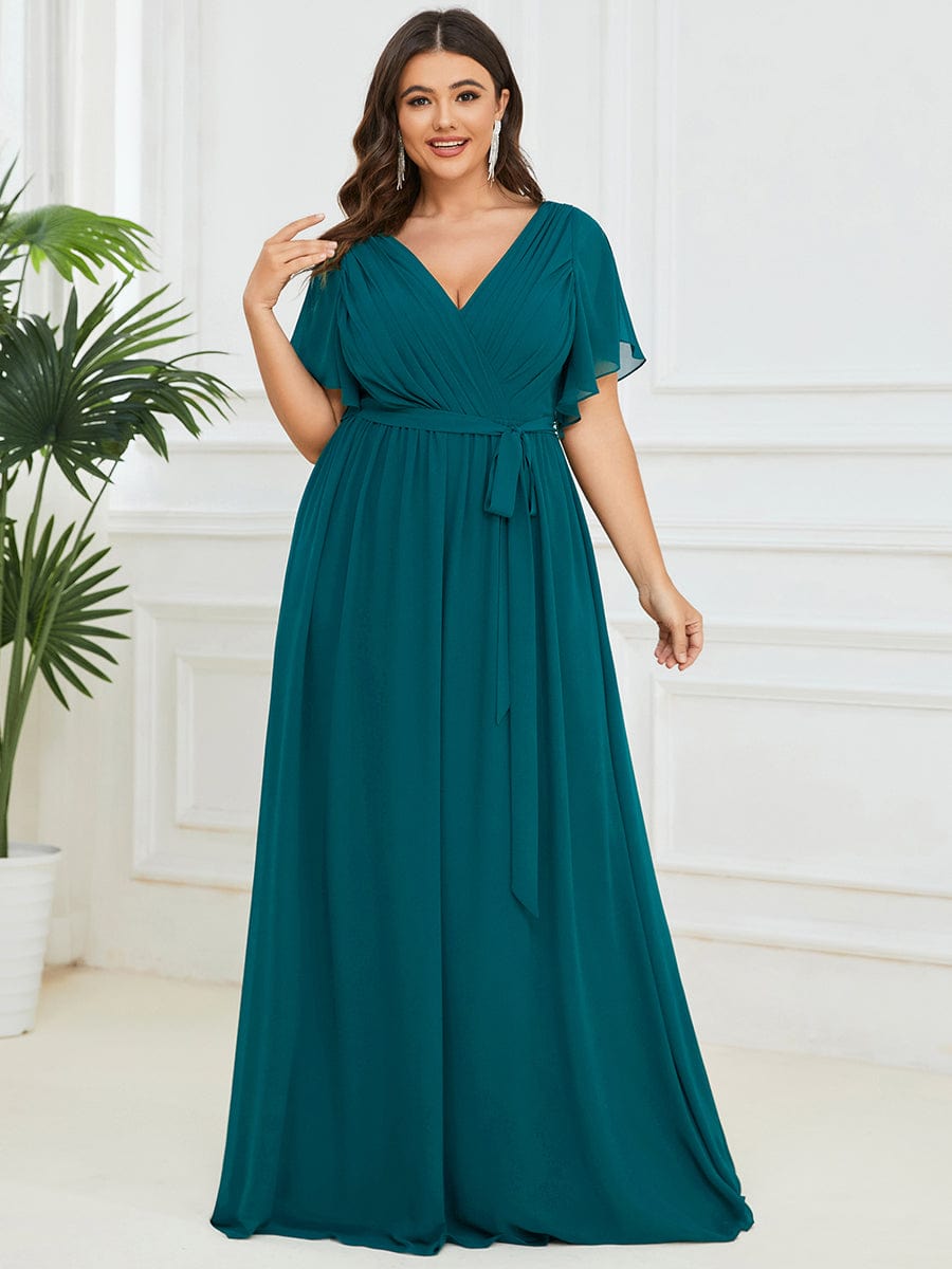 Custom Size V-Neck Flutter Sleeve Floor-Length A-Line Chiffon Evening Dress