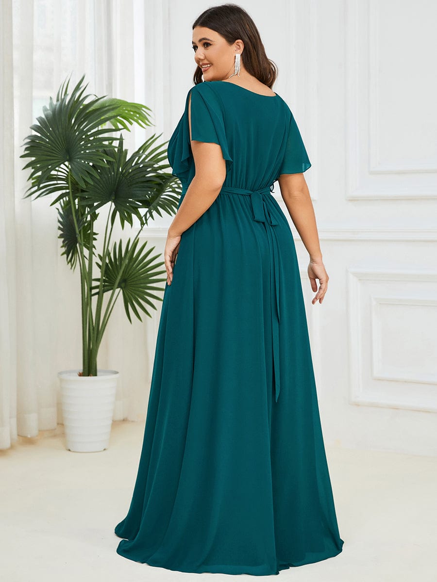 Custom Size V-Neck Flutter Sleeve Floor-Length A-Line Chiffon Evening Dress