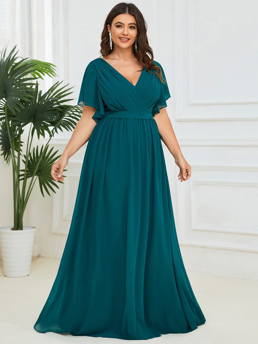 Custom Size V-Neck Flutter Sleeve Floor-Length A-Line Chiffon Evening Dress