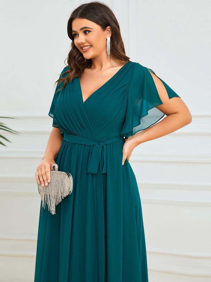 Custom Size V-Neck Flutter Sleeve Floor-Length A-Line Chiffon Evening Dress