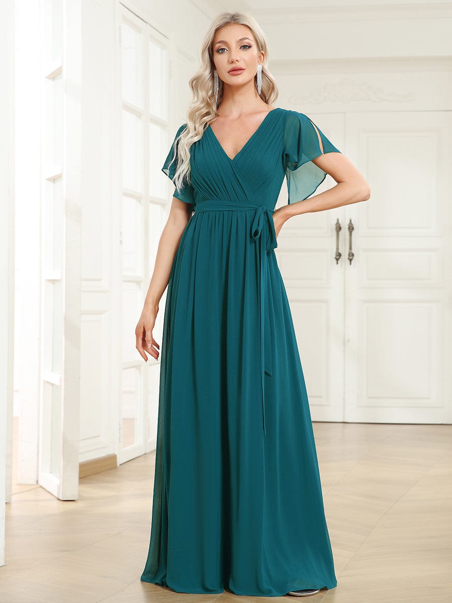 Custom Size V-Neck Flutter Sleeve Floor-Length A-Line Chiffon Evening Dress