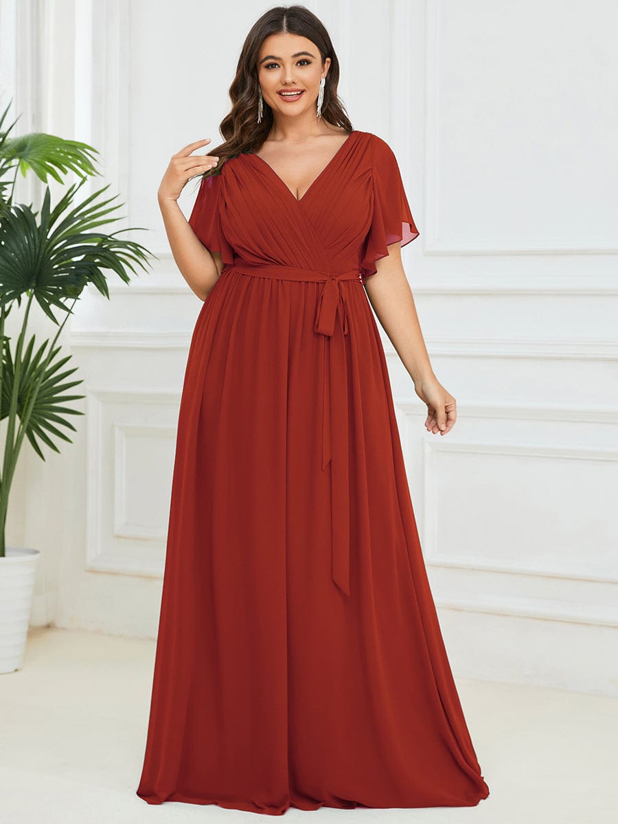 Custom Size V-Neck Flutter Sleeve Floor-Length A-Line Chiffon Evening Dress