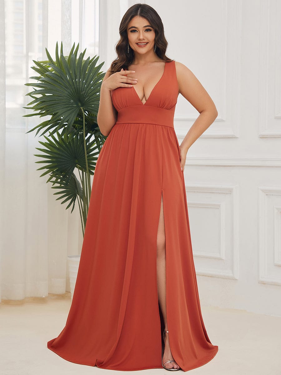 Stunning V-Neck Empire Waist Floor-Length Evening Dress with High Slit