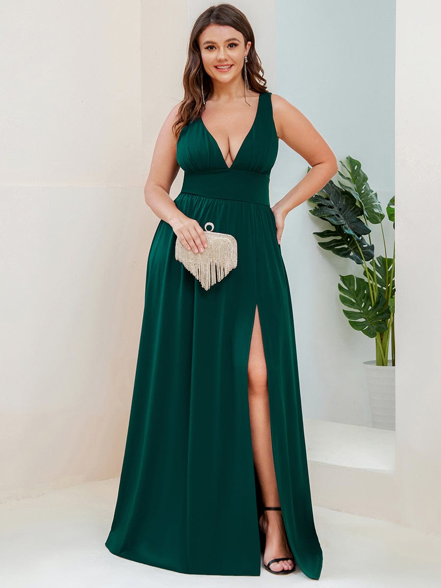 Plus Size Sexy High Slit Sleeveless Empire Waist V-Neck Evening Dress