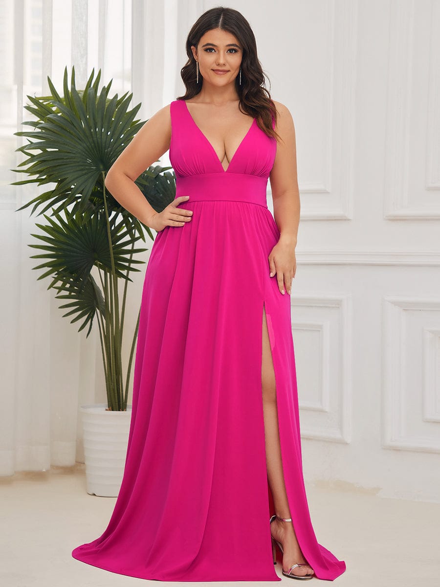 Plus Size Sexy High Slit Sleeveless Empire Waist V-Neck Evening Dress