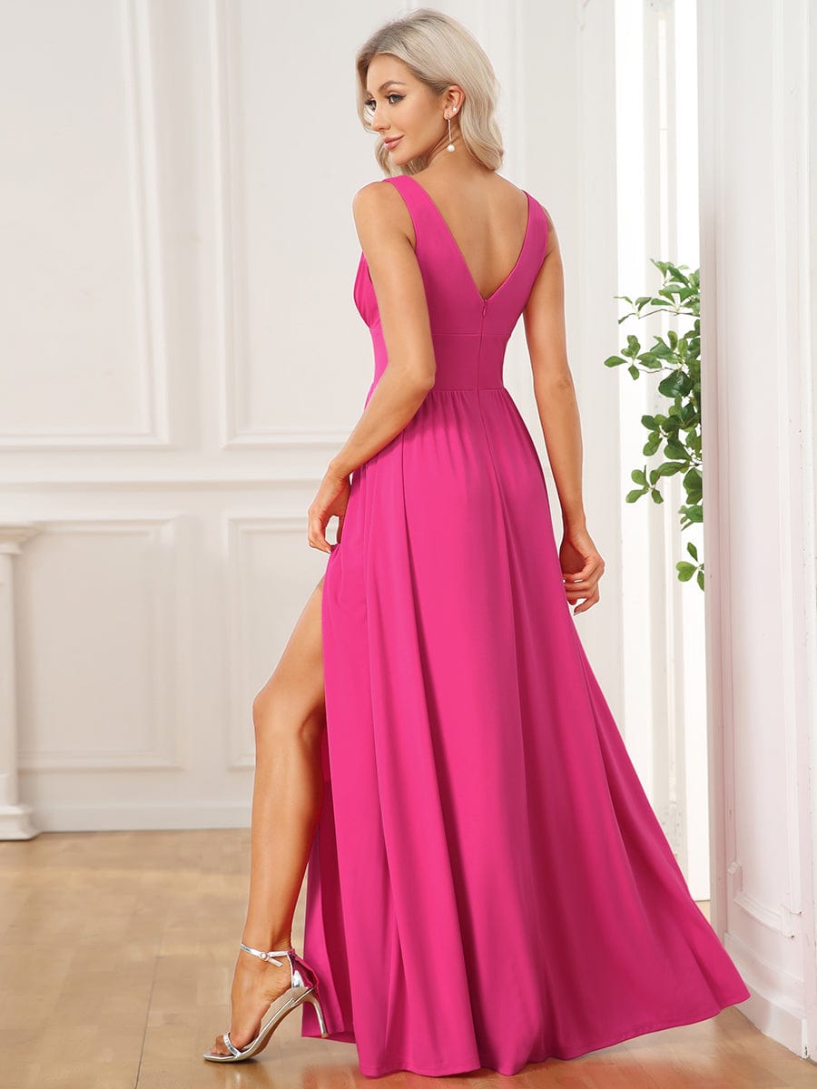 Stunning V-Neck Empire Waist Floor-Length Evening Dress with High Slit