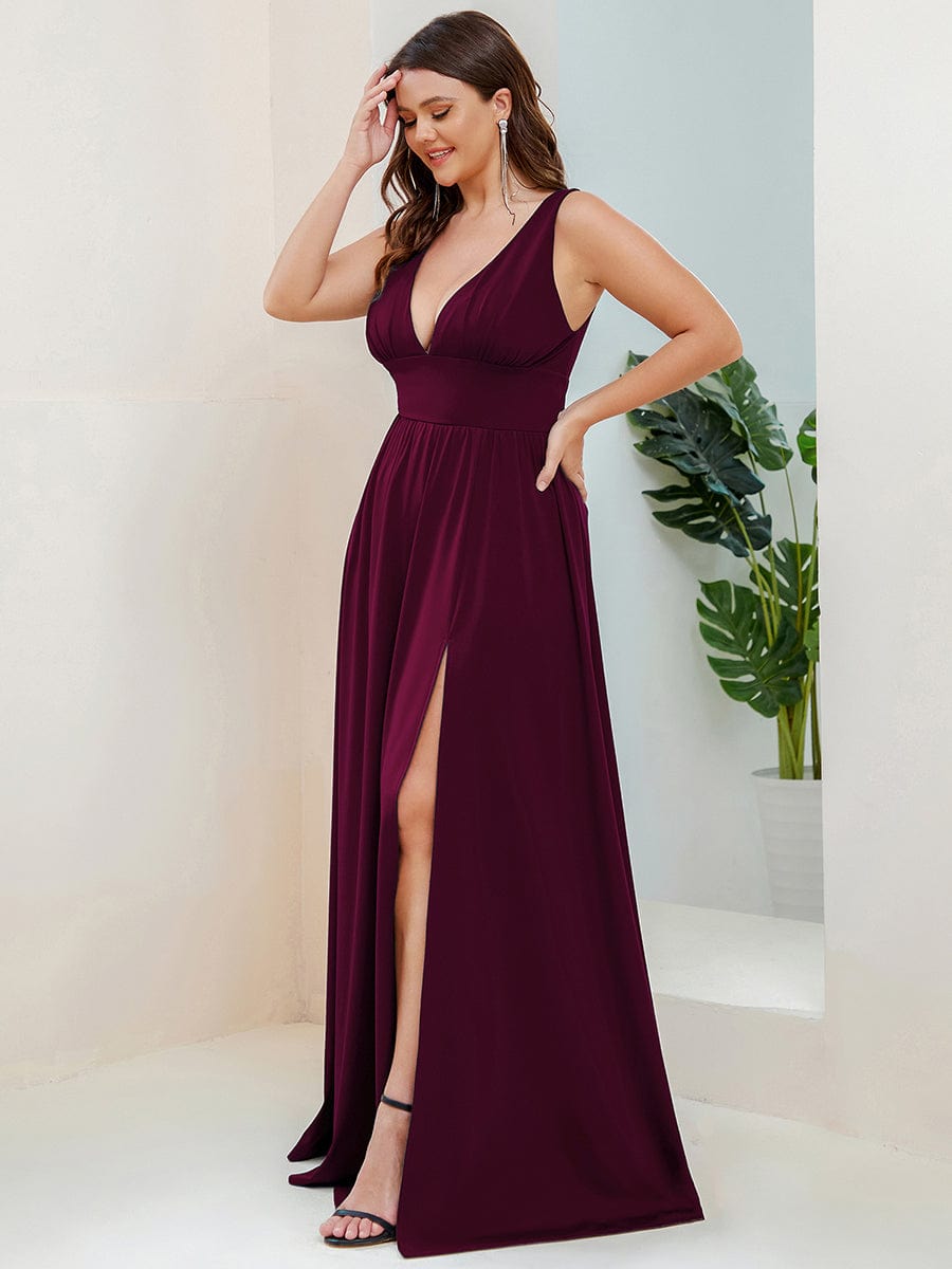 Plus Size Sexy High Slit Sleeveless Empire Waist V-Neck Evening Dress