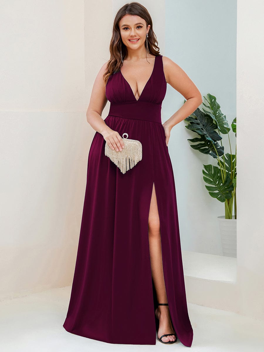 Plus Size Sexy High Slit Sleeveless Empire Waist V-Neck Evening Dress