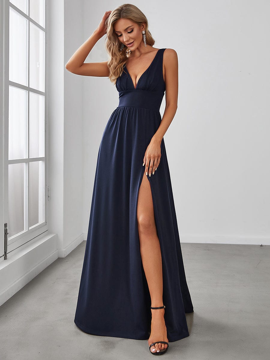 Stunning V-Neck Empire Waist Floor-Length Evening Dress with High Slit