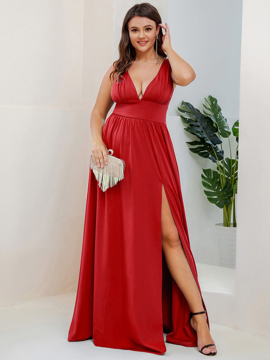 Plus Size Sexy High Slit Sleeveless Empire Waist V-Neck Evening Dress