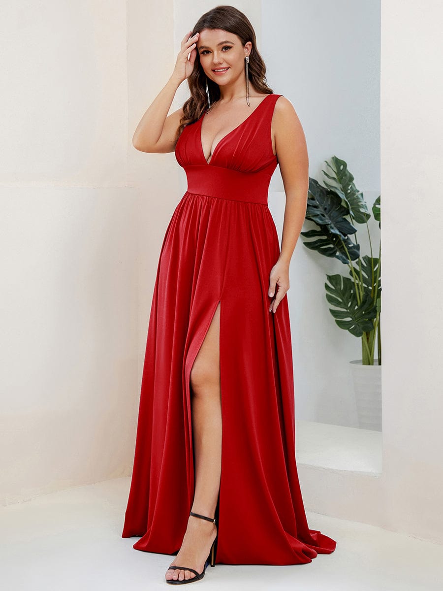 Plus Size Sexy High Slit Sleeveless Empire Waist V-Neck Evening Dress