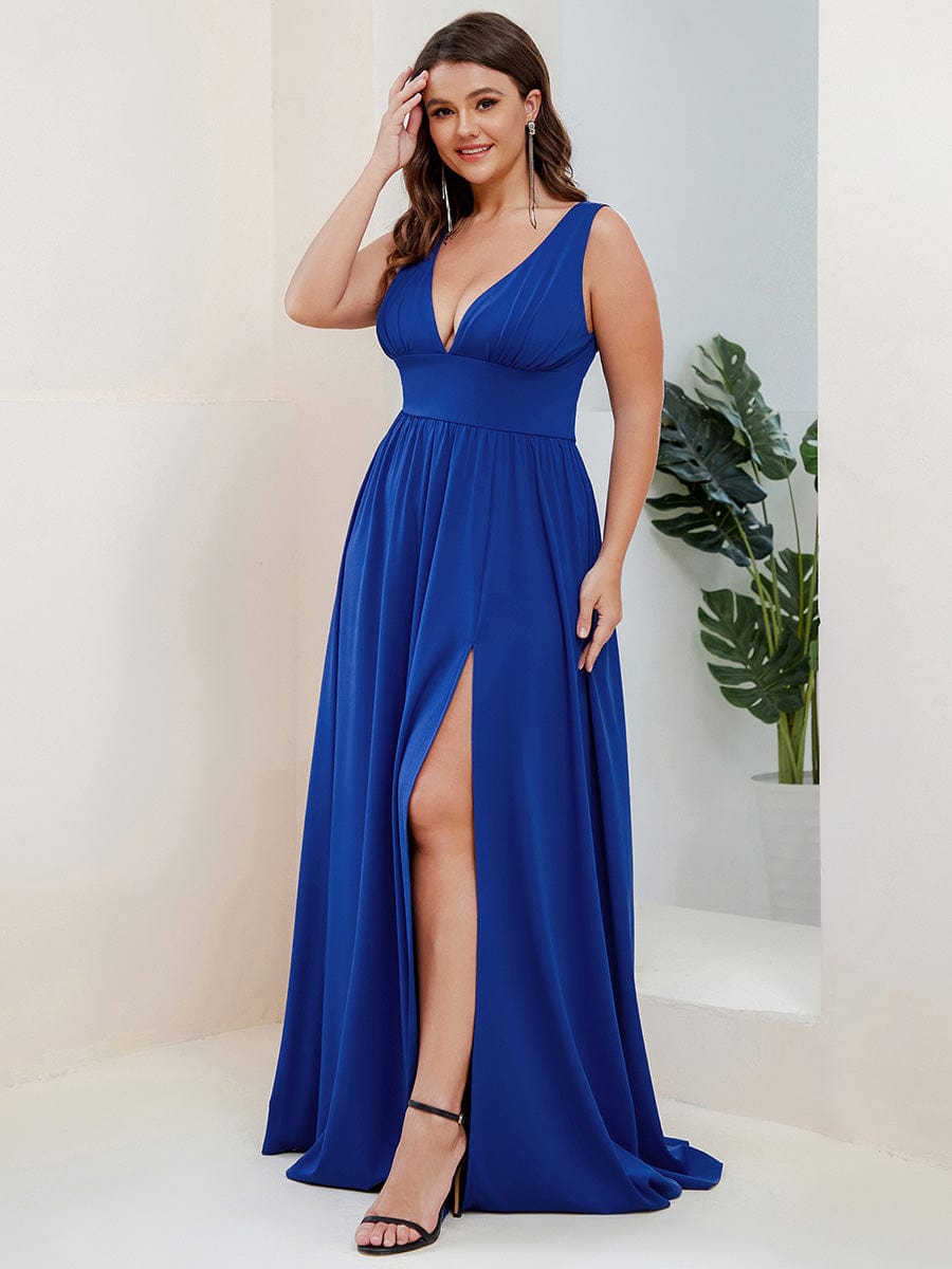 Plus Size Sexy High Slit Sleeveless Empire Waist V-Neck Evening Dress