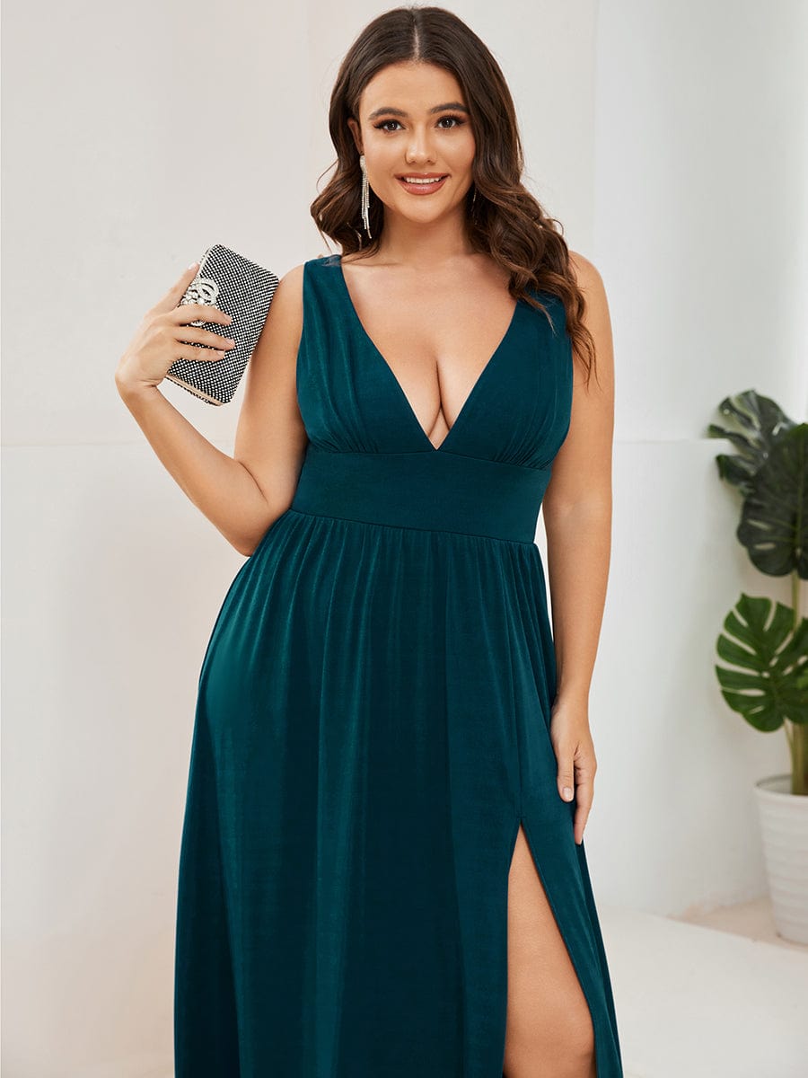 Plus Size Sexy High Slit Sleeveless Empire Waist V-Neck Evening Dress