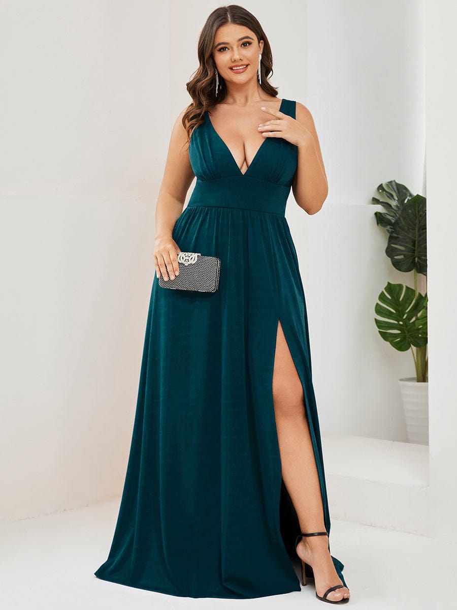 Stunning V-Neck Empire Waist Floor-Length Evening Dress with High Slit