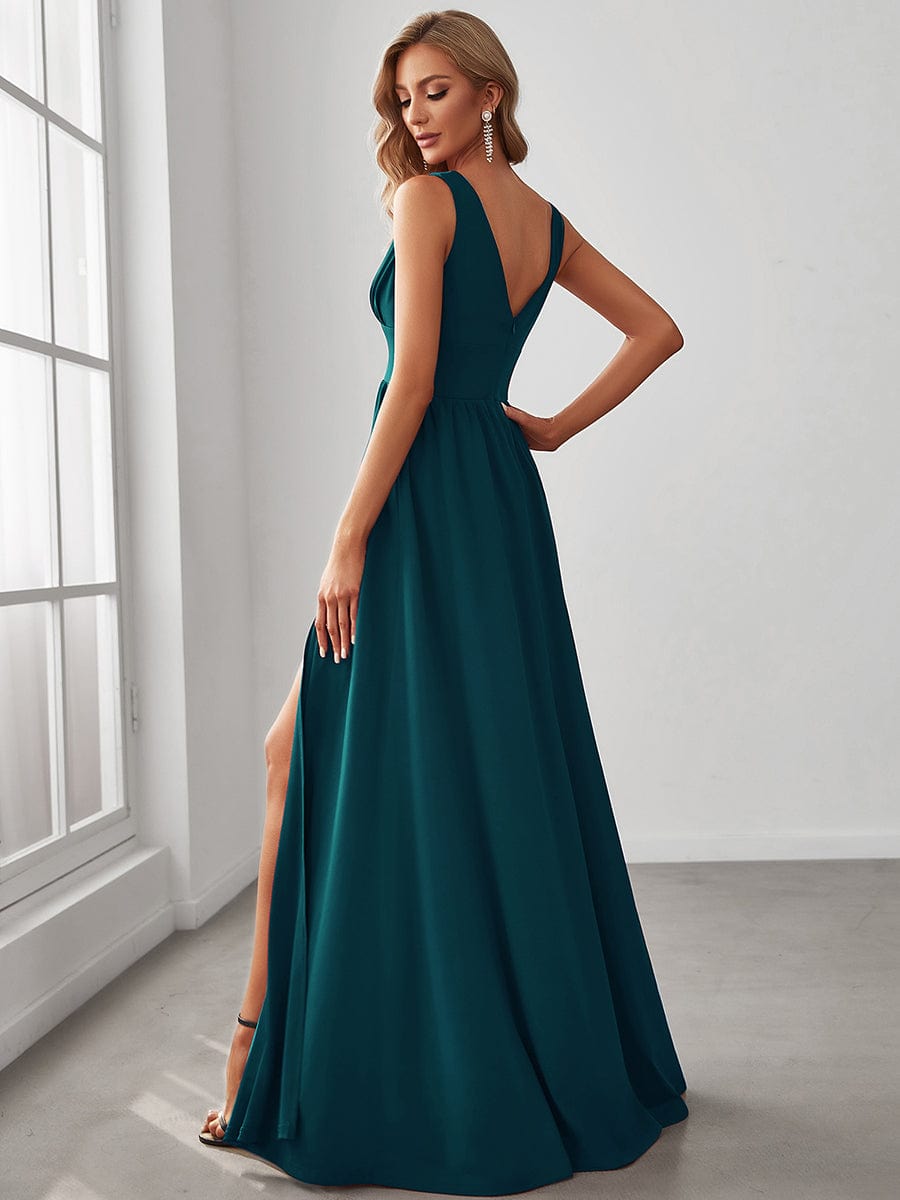 Stunning V-Neck Empire Waist Floor-Length Evening Dress with High Slit