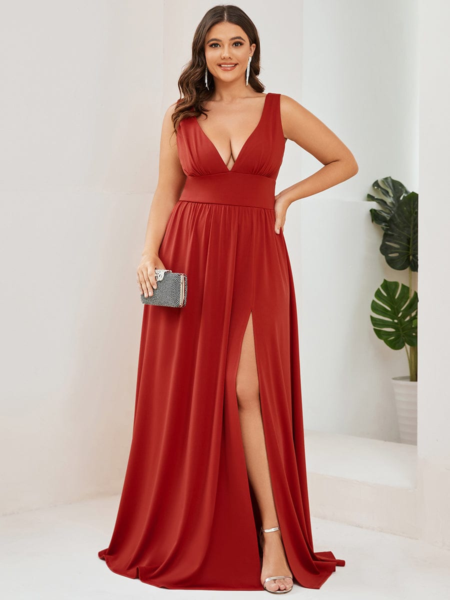 Plus Size Sexy High Slit Sleeveless Empire Waist V-Neck Evening Dress