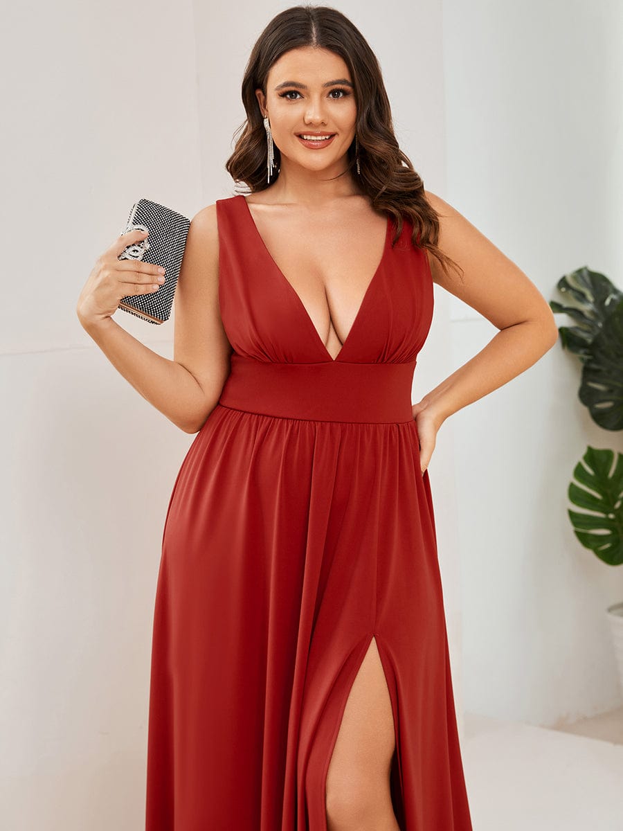 Plus Size Sexy High Slit Sleeveless Empire Waist V-Neck Evening Dress