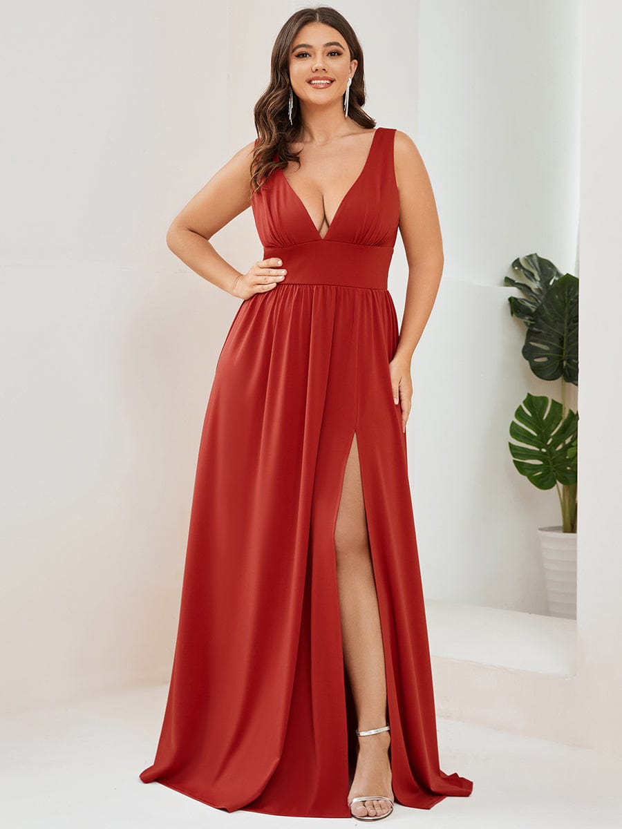 Stunning V-Neck Empire Waist Floor-Length Evening Dress with High Slit