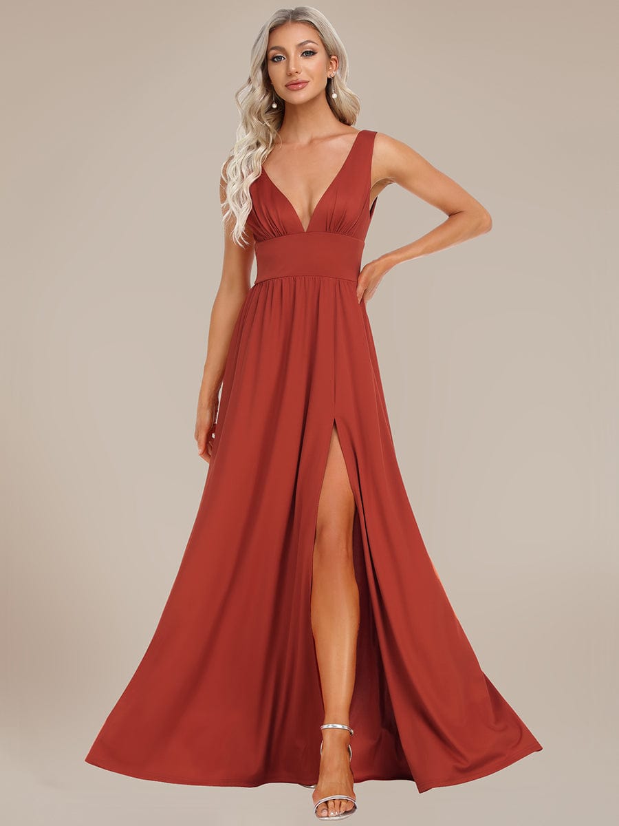 Stunning V-Neck Empire Waist Floor-Length Evening Dress with High Slit