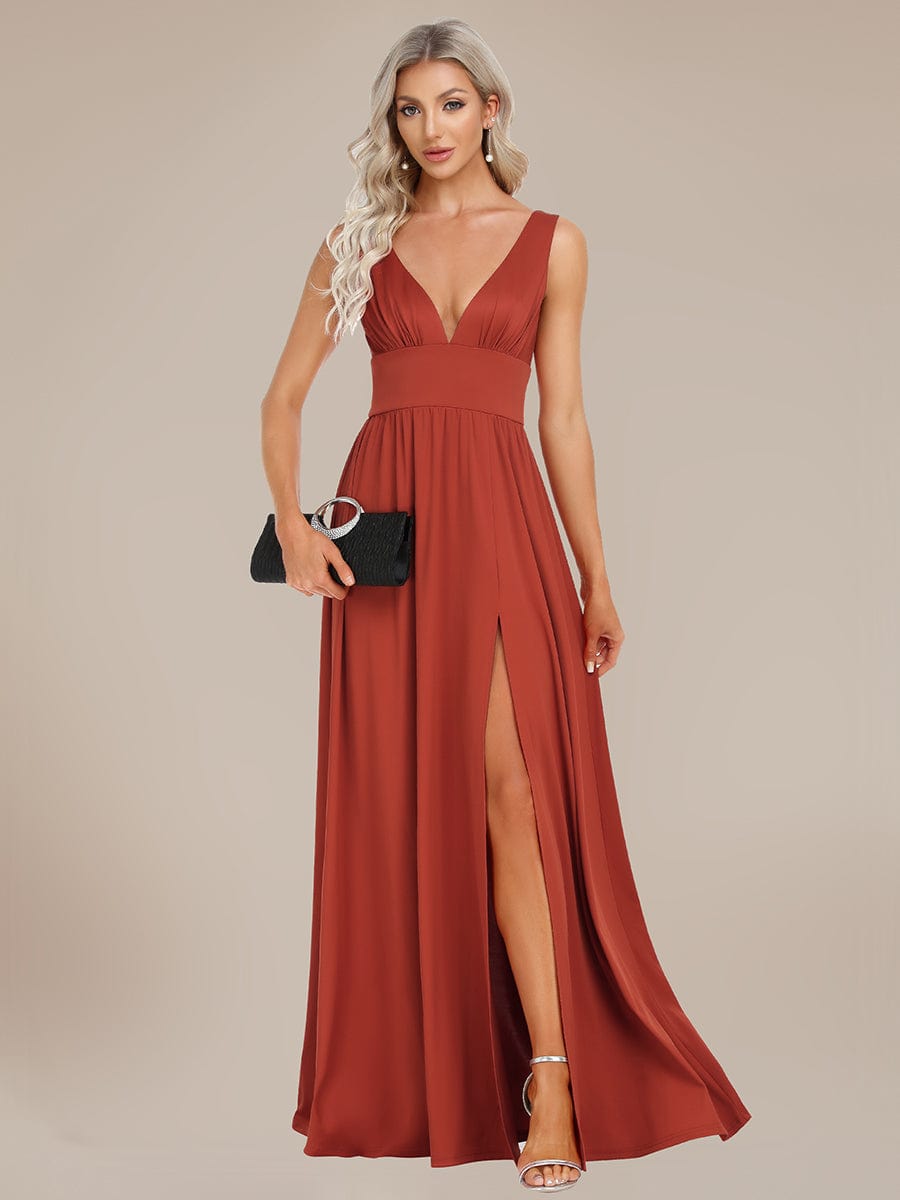 Stunning V-Neck Empire Waist Floor-Length Evening Dress with High Slit